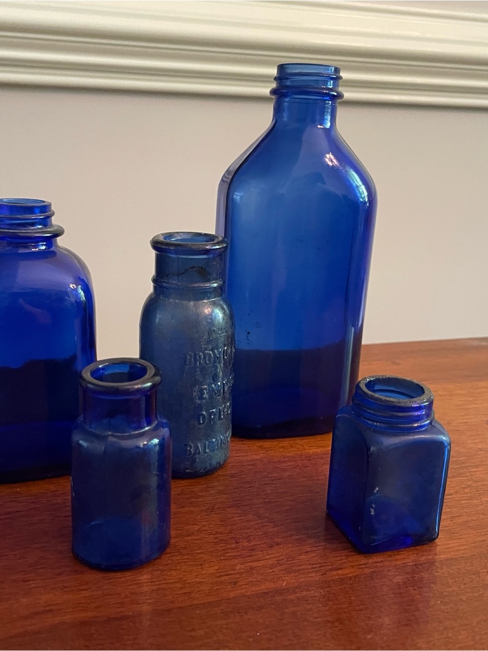 Vintage Set of Cobalt Blue Glass Bottles